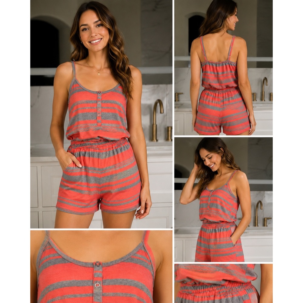 Concepts Romper Womens M Coral Gray Striped‎ Henley Sleeveless Adjustable Strap
